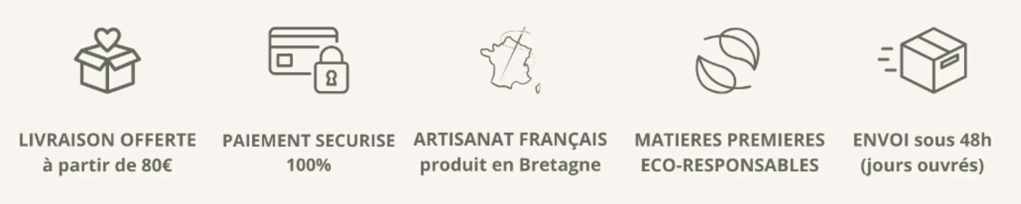 Livraison offerte dès 80 euros, paiement sécurisé, fabrication artisanale en Bretagne, matières responsables et envoi sous 48 heures